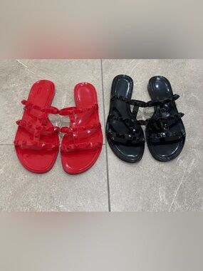 Women's Studded Jelly Slide Sandals - Red & Black Pair